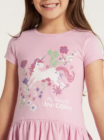 Juniors Unicorn Print Dress with Round Neck (3-4 yrs)