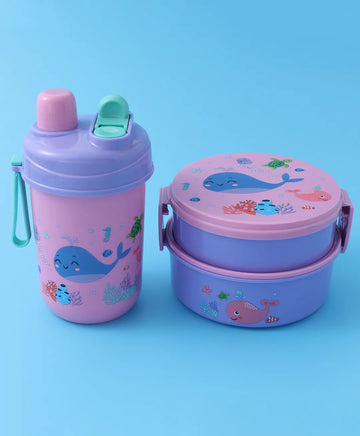 Purple & Pink Sea Themed Lunch Box Set – With Bottle, Utensils, Double Containers, Carry Strap