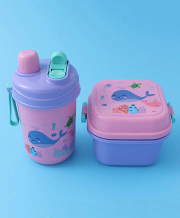 Purple & Pink Sea Themed Lunch Box – With Bottle, Utensils, Removable Tray, Dual Lid, Carry Strap