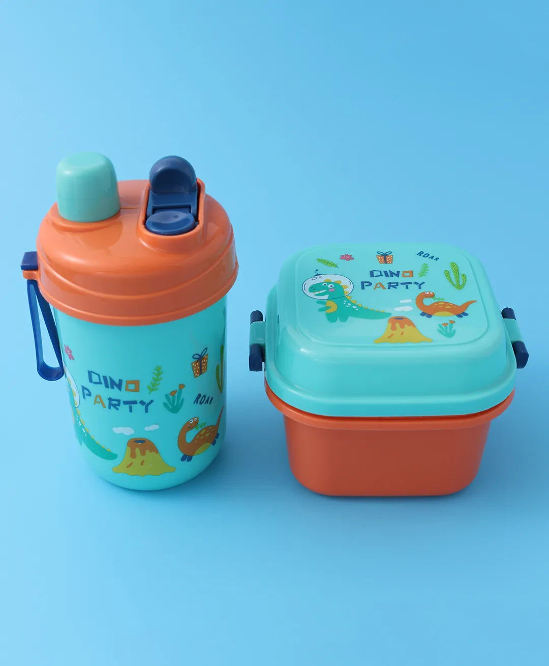 Dino Party Square Lunch Box – Blue & Orange, With Bottle, Utensils, Removable Tray, Carry Strap
