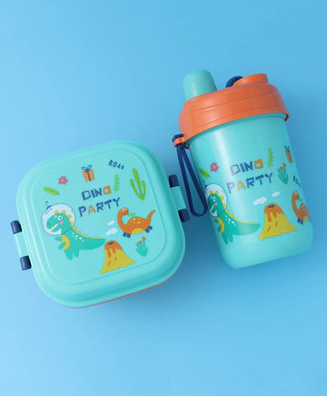 Dino Party Square Lunch Box – Blue & Orange, With Bottle, Utensils, Removable Tray, Carry Strap