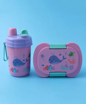 Pink Sea Theme Lunch Box Set for Kids – 2 Compartments, Bottle, Utensils & Carry Strap