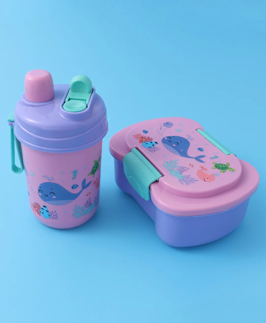 Pink Sea Theme Lunch Box Set for Kids – 2 Compartments, Bottle, Utensils & Carry Strap