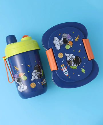 Space Theme Lunch Box Set – Blue & Green, With Bottle, Utensils, 2 Compartments, Carry Strap