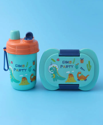 Dino Party Lunch Box Set – Blue & Orange, With Bottle, Utensils, 2 Compartments, Carry Strap