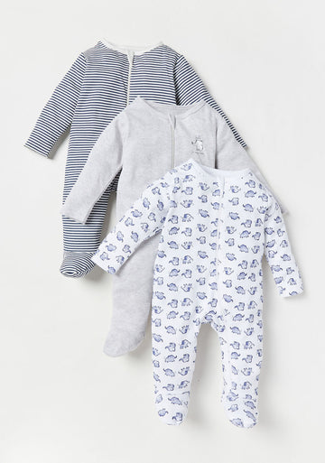 Juniors Pack of 3 Closed Feet Sleep Suit - Zipper Elephant 0-3 M