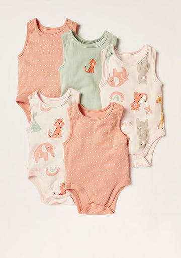 Juniors 5 Packed Sleeveless Body Suits - Animals 0-3 M