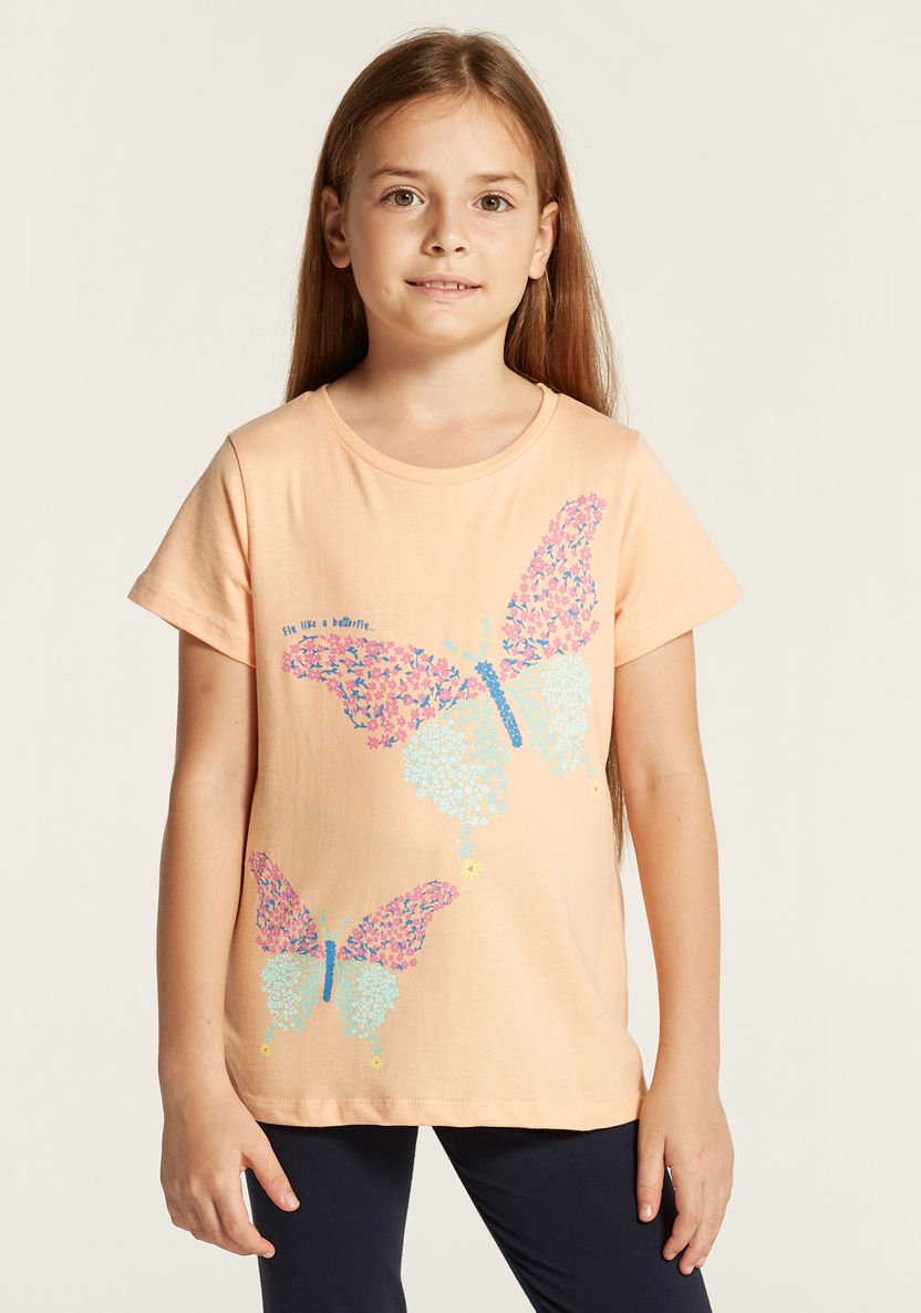 Juniors Butterfly Print T-shirt with Short Sleeves and Crew Neck 7-8 Yrs