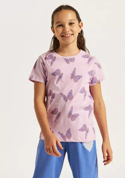 Juniors All-Over Butterfly Print Round Neck T-shirt with Short Sleeves
