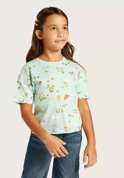 Juniors All-Over Print T-shirt with Drop Shoulder Sleeves and Pocket (