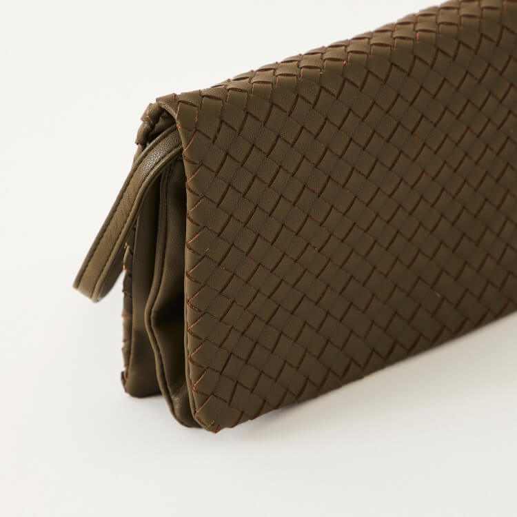 Sasha Basket Weave Baguette Bag with Sling Strap Greenish Brown