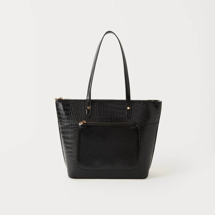 Sasha Animal Textured Tote Bag with Double Handle and Zip Closure Blac