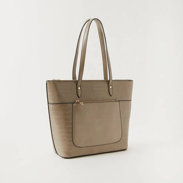 Sasha Animal Textured Tote Bag with Double Handle and Zip Closure Grey