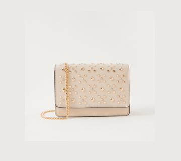 Sasha Stud Embellished Crossbody Bag with Flap Closure Beige