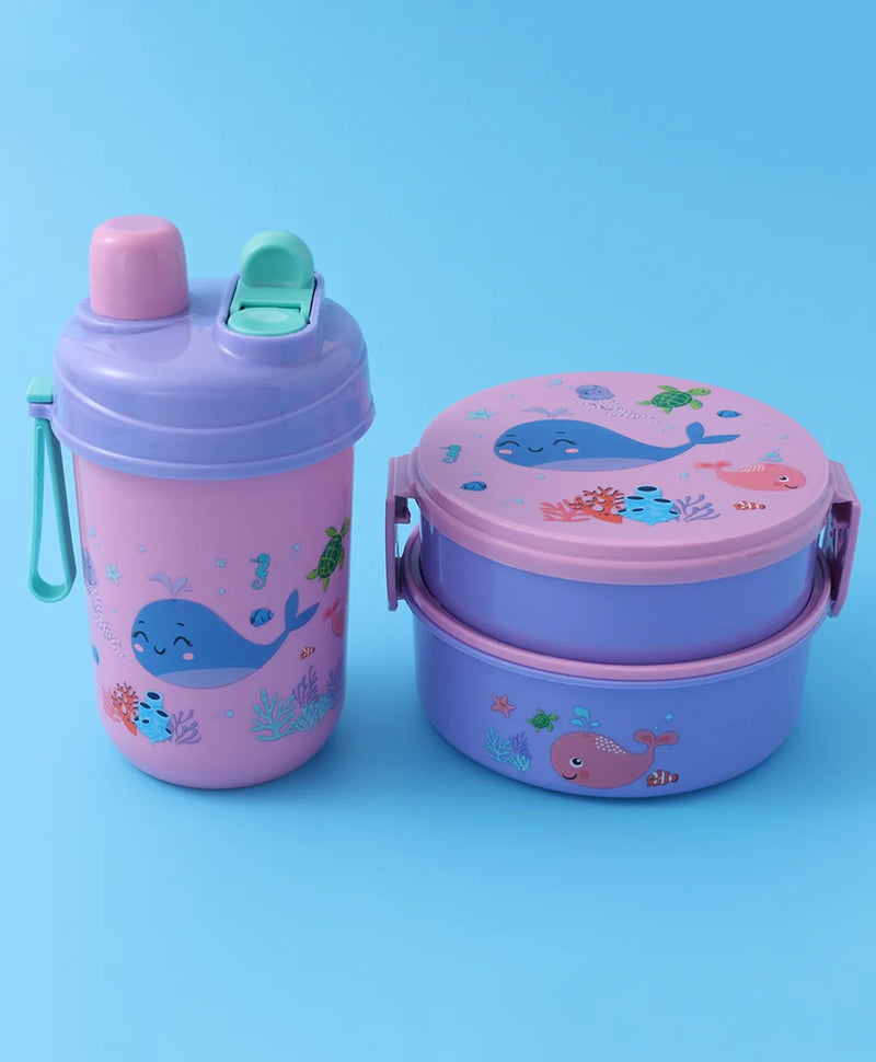 Purple & Pink Sea Themed Lunch Box Set - With Bottle, Utensils, Double Containers, Carry Strap
