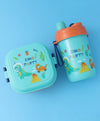 Dino Party Square Lunch Box - Blue & Orange, With Bottle, Utensils, Removable Tray, Carry Strap