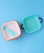 Dino Party Square Lunch Box - Blue & Orange, With Bottle, Utensils, Removable Tray, Carry Strap