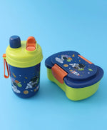 Space Theme Lunch Box Set - Blue & Green, With Bottle, Utensils, 2 Compartments, Carry Strap