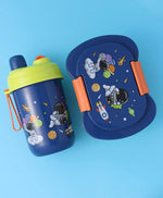 Space Theme Lunch Box Set - Blue & Green, With Bottle, Utensils, 2 Compartments, Carry Strap