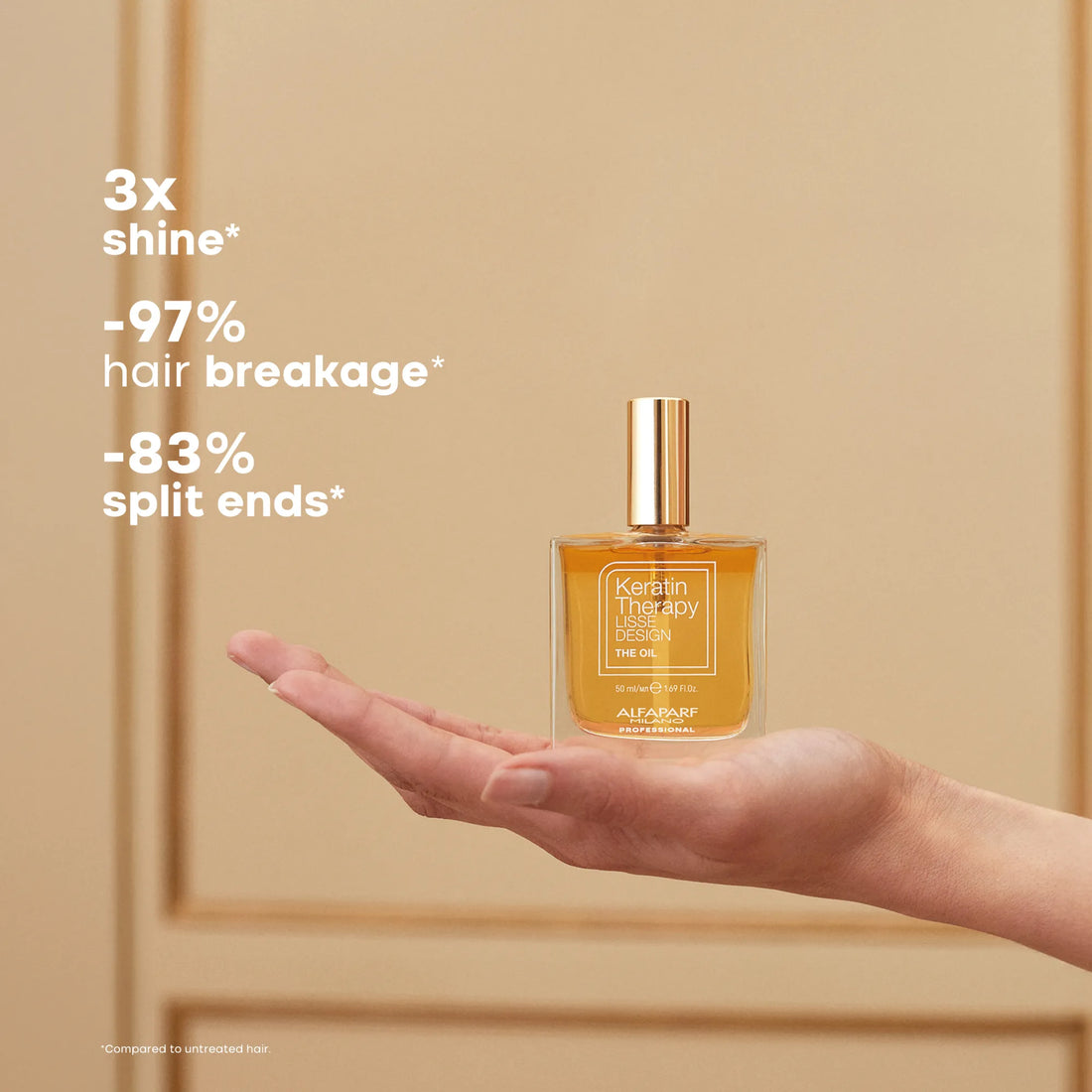 Alfaparf Milano Keratin Therapy Lisse Design 'The Oil' hair serum shown in a clear rectangular bottle with a gold cap next to its light pink packaging box, on a reflective light gray background.