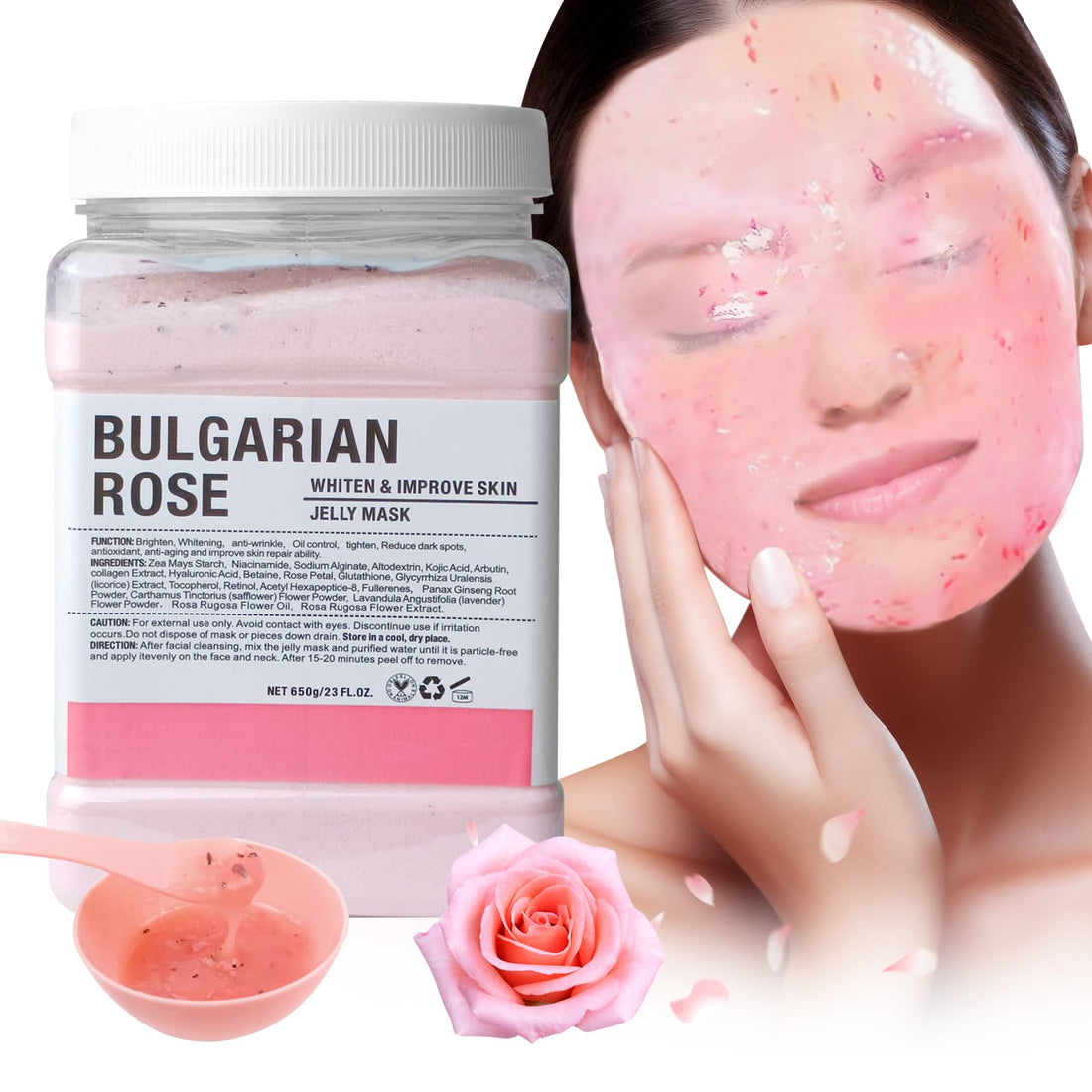 Bulgarian Rose jelly mask with a woman applying it to her face, rose flower, and product packaging.
