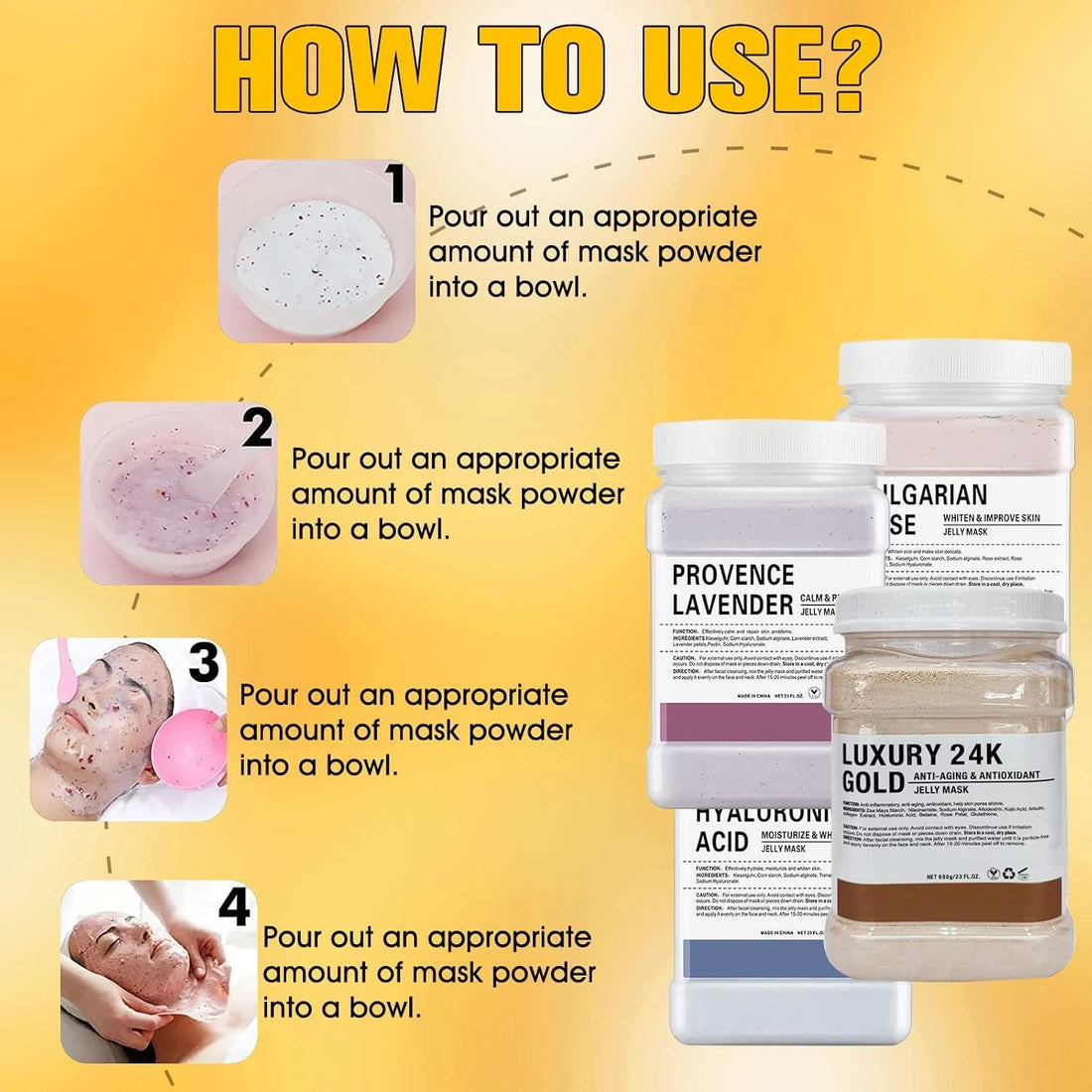 An instructional graphic titled 'HOW TO USE?' showing four numbered steps for mixing mask powder in a bowl, alongside several cosmetic jar products on a yellow gradient background.