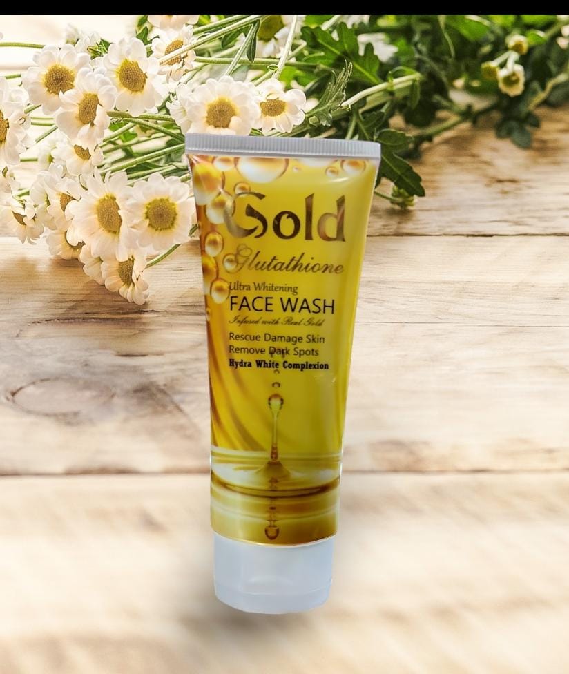 A squeeze tube of Gold Glutathione Face Wash with a metallic gold and yellow design, set against a plain light gray background.
