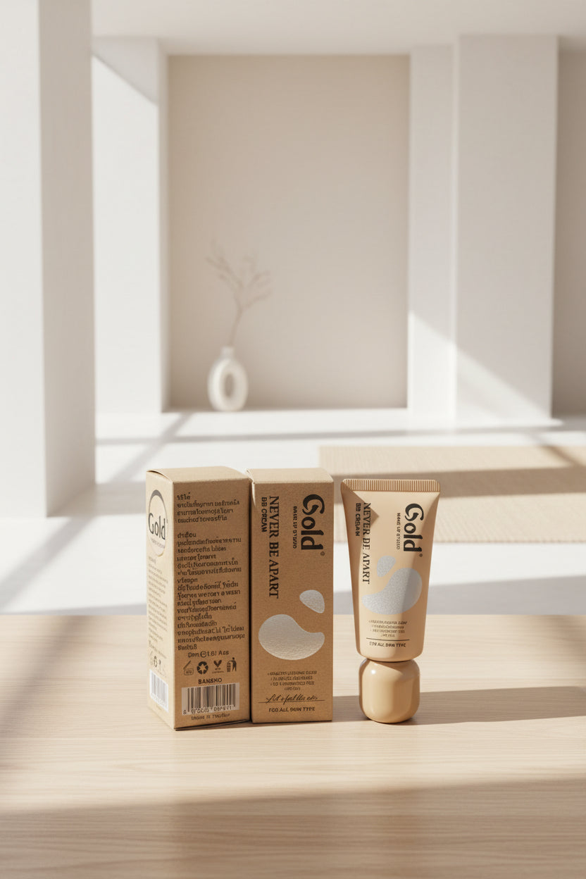 A tube of Gold Never Be Apart cream makeup with its cardboard packaging box, shown on a light gray background.