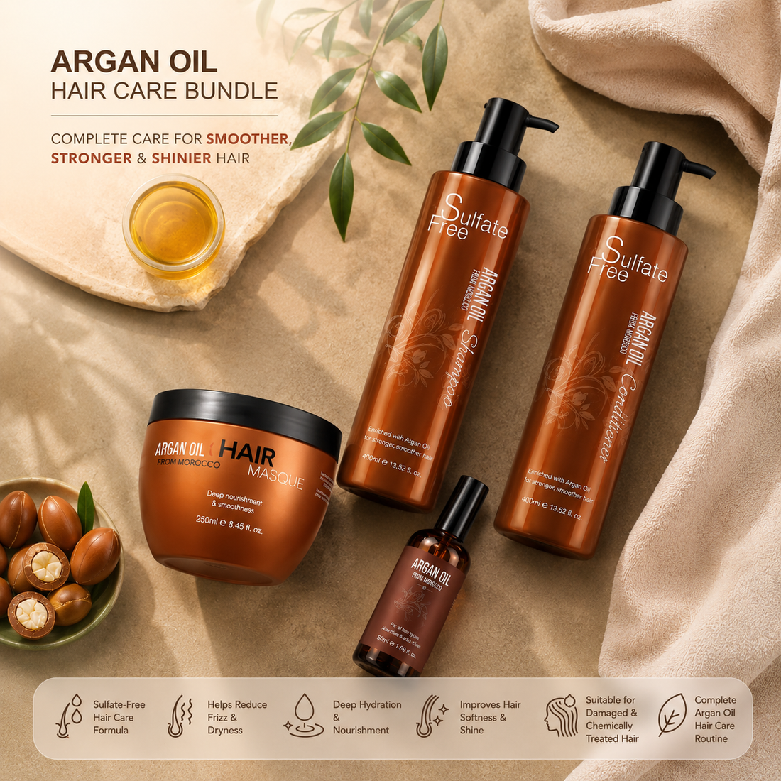 Nuspa Argan Oil Shampoo Conditioner Hair Masque & Oil Bundle