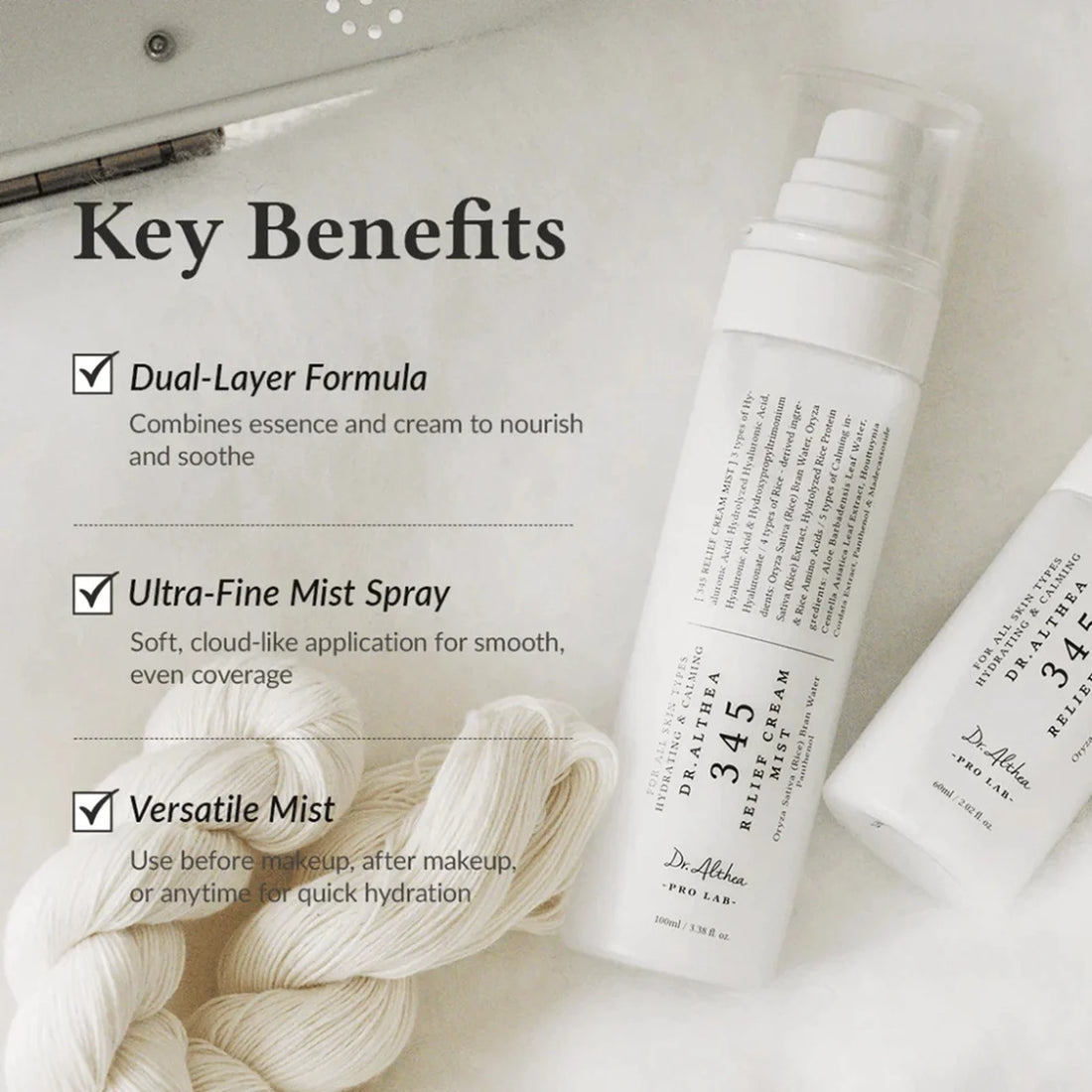 A Dr. Althea Relief Cream pump bottle, 100 ml, featuring a frosted white design with black text and a clear cap, set against a plain white background.