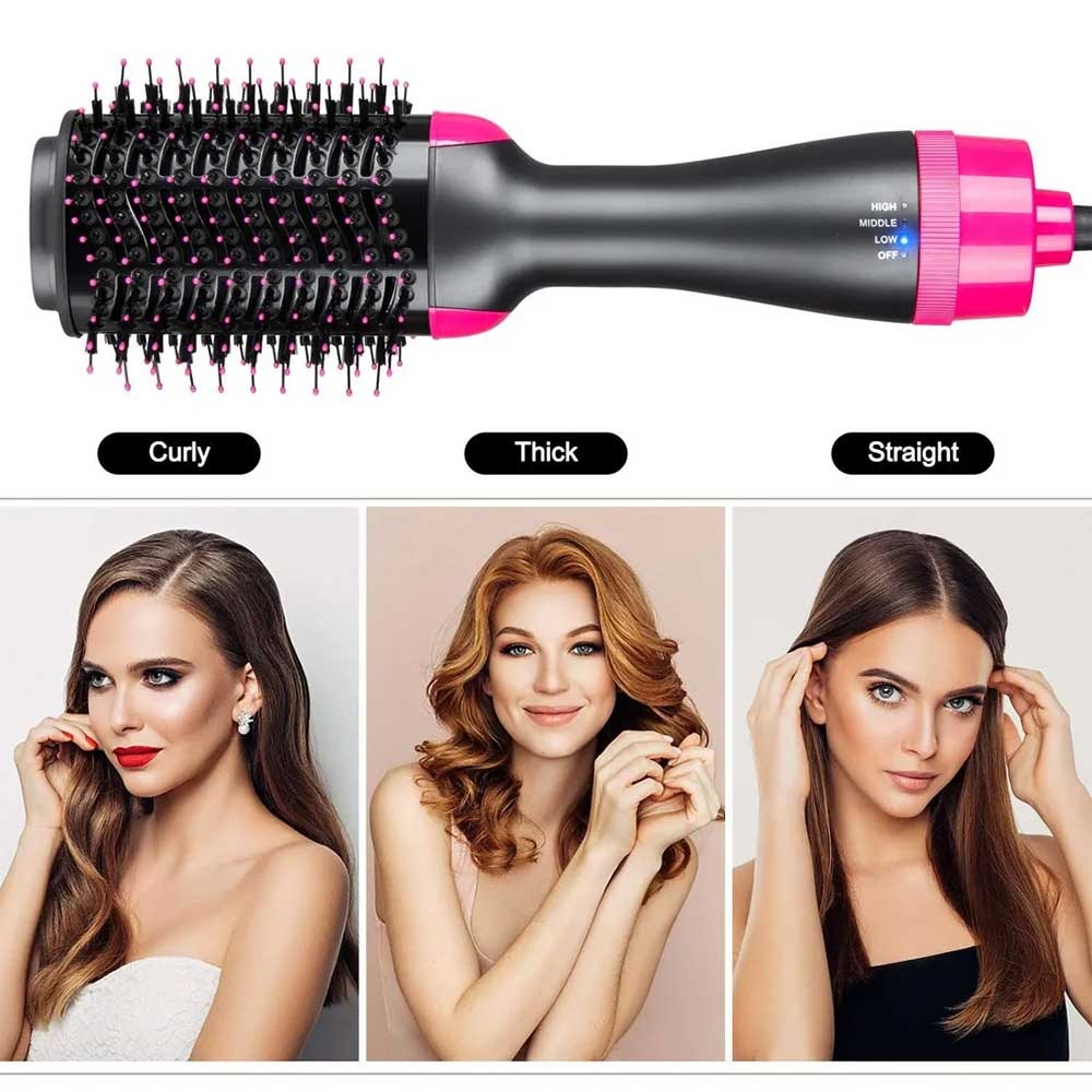 One Step Hot Air Brush and hair dryer in black and pink with ionic bristles.
