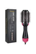 One Step Hot Air Brush and hair dryer in black and pink with ionic bristles.