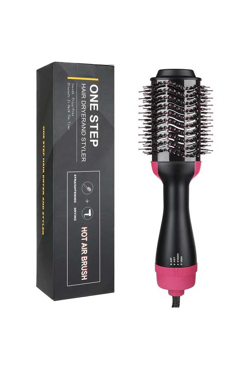 One Step Hot Air Brush and hair dryer in black and pink with ionic bristles.
