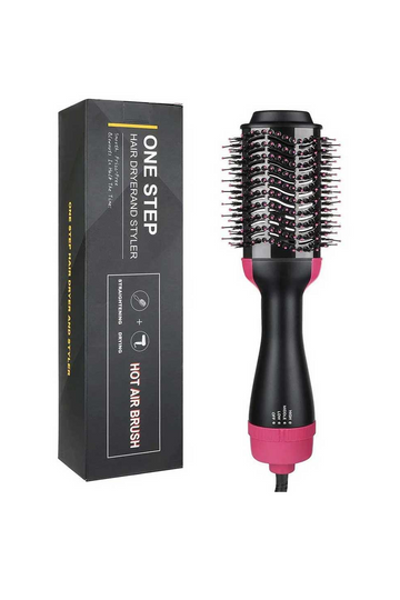 One Step Hot Air Brush and hair dryer in black and pink with ionic bristles.