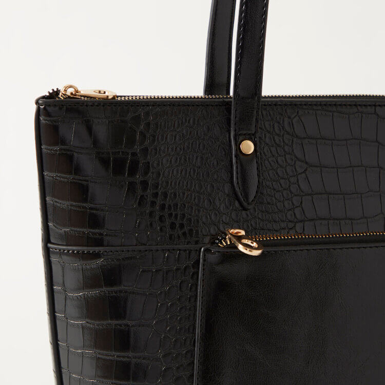 Sasha Animal Textured Tote Bag with Double Handle and Zip Closure Black
