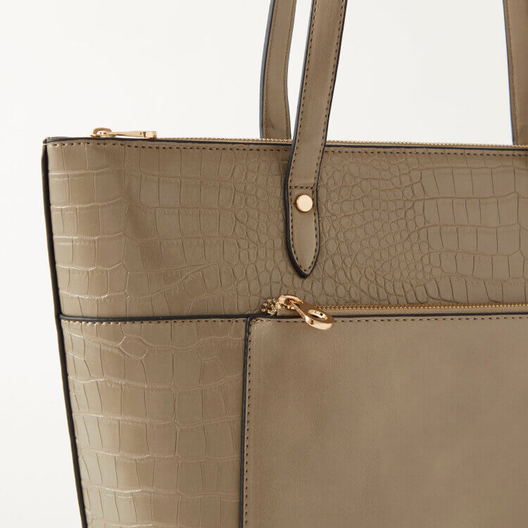Sasha Animal Textured Tote Bag with Double Handle and Zip Closure Grey
