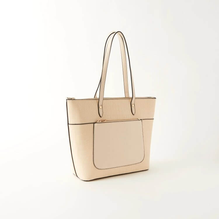 Sasha Animal Textured Tote Bag with Double Handle and Zip Closure White
