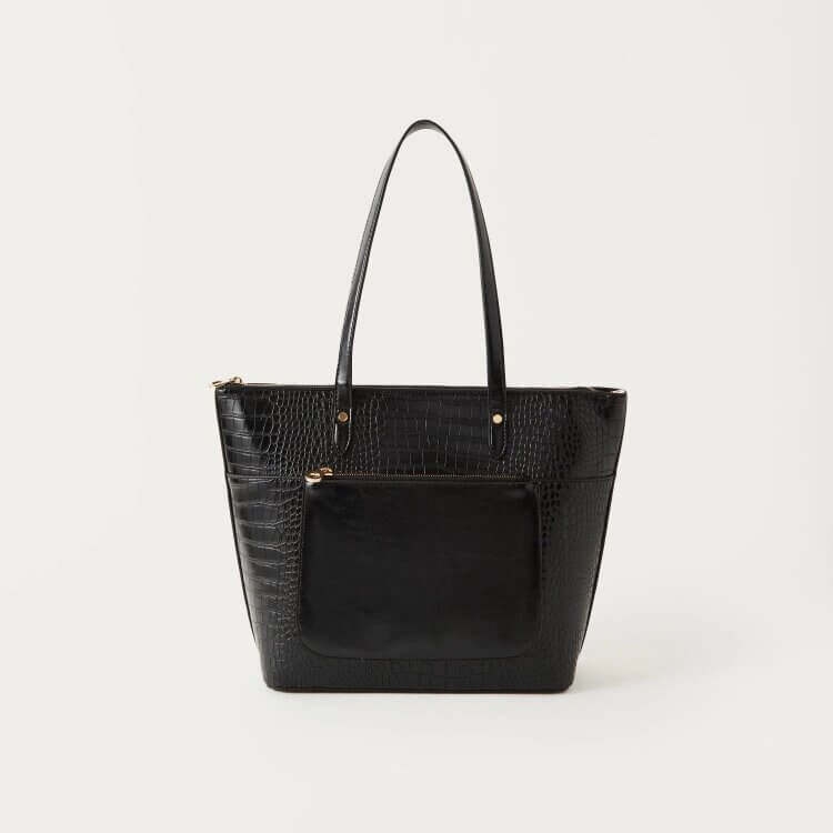 Sasha Animal Textured Tote Bag with Double Handle and Zip Closure Black